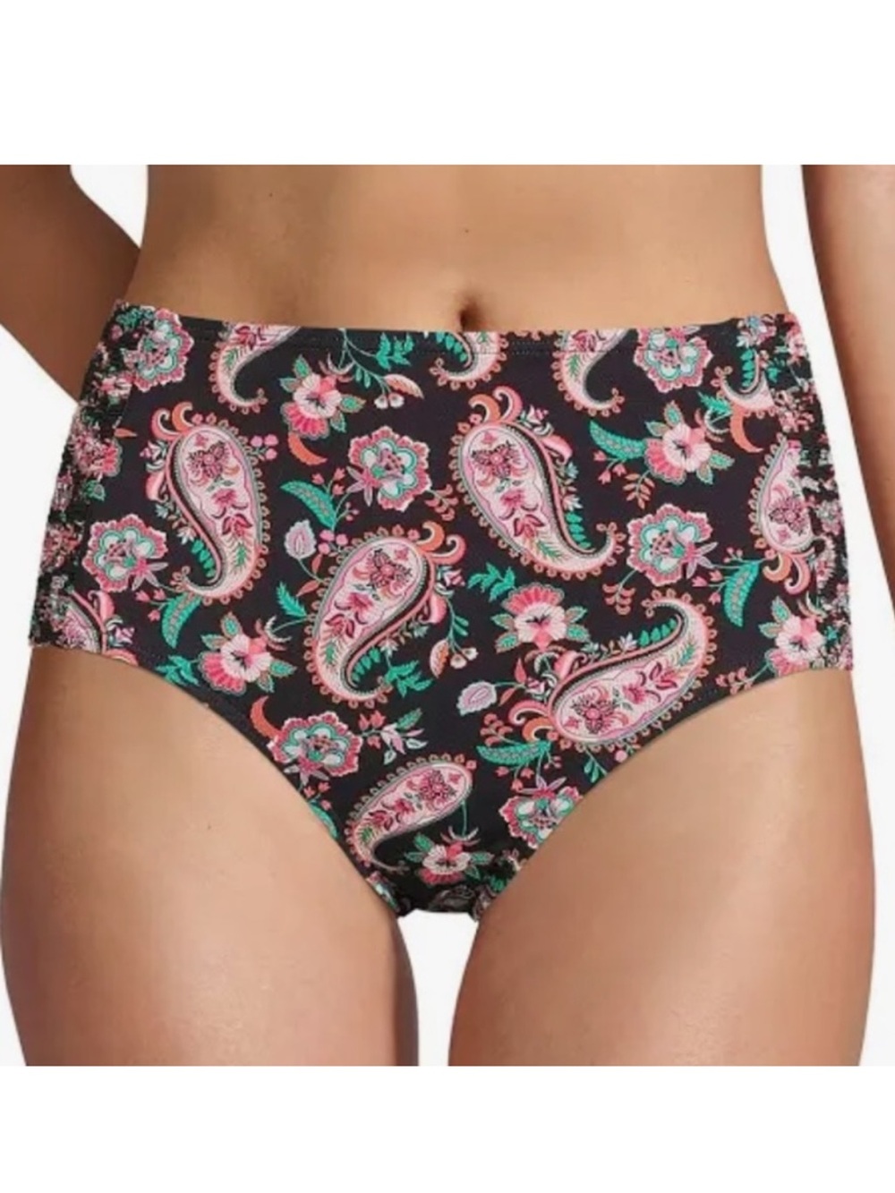 LANDS END SMOCKED HIGH WAISTED BIKINI IN BLACK MULTI PAISLEY/SMALL 6-8